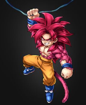 Rule 34 | 1boy, blue boots, body fur, boots, dragon ball, dragon ball daima, goketerhc, highres, long hair, male focus, monkey tail, muscular, muscular male, orange pants, pants, parted lips, red eyes, red fur, red hair, red tail, smirk, solo, son goku, spiked hair, tail
