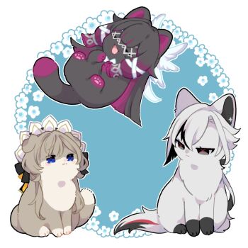 Rule 34 | :d, animalization, arlecchino (genshin impact), black eyes, black hair, blue eyes, cat, closed eyes, columbina (genshin impact), commentary, genshin impact, grey hair, head wings, highres, nasuka gee, no humans, open mouth, sandrone (genshin impact), smile, wings