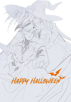 00quanta 1boy 1girl absurdres alternate_costume bandages blunt_bangs chinese_commentary closed_eyes closed_mouth commentary_request couple dress flower hair_between_eyes hair_flower hair_ornament halloween hat heads_together highres honkai_(series) honkai_impact_3rd horns kevin_kaslana kevin_kaslana_(diabolic) leaning_on_person leaning_to_the_side long_hair looking_at_viewer mei_(honkai_impact) monochrome parted_lips shade sitting upper_body white_background witch witch_hat