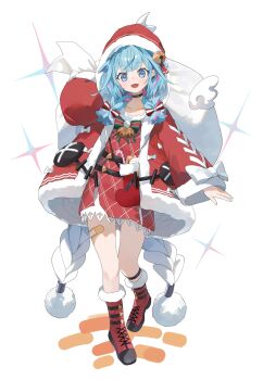 1girl :d alternate_costume bandaid bandaid_on_leg bell blue_eyes blue_hair boots bow braid center-flap_bangs commentary_request double-parted_bangs dress fangs full_body fur-trimmed_boots fur-trimmed_dress fur-trimmed_jacket fur_trim hair_bell hair_bow hair_flaps hair_ornament highres holding holding_sack hololive hololive_dev_is hood hood_up hooded_jacket jacket jingle_bell long_hair looking_at_viewer low_twin_braids mizumiya_su multicolored_hair nel_dcm open_mouth pink_hair red_boots red_bow red_dress red_jacket sack santa_costume simple_background skin_fangs smile solo straight-on streaked_hair twin_braids virtual_youtuber white_background