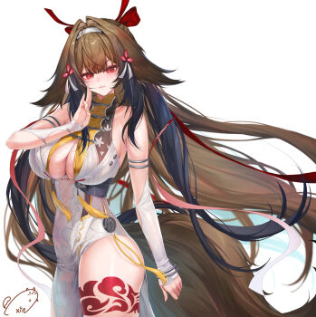 1girl animal_ears armlet breasts china_dress chinese_clothes dress droopy_ears fluffy fox_ears fox_girl fox_tail hair_ornament headband highres jewelry large_breasts leg_tattoo long_hair looking_at_viewer multicolored_hair obiwan red_eyes sleeveless streaked_hair tail tattoo thighs underboob very_long_hair weisuoxin white_background ye_shunguang zenless_zone_zero