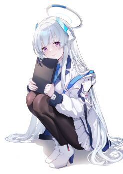 1girl absurdres black_pantyhose blue_archive blue_necktie book boots collared_shirt commentary_request day halo head_tilt headgear high_heel_boots high_heels highres holding holding_book indoors jacket knees_to_chest legs lingshalan long_hair looking_at_viewer mechanical_halo millennium_science_school_logo miniskirt necktie noa_(blue_archive) off_shoulder pantyhose purple_eyes shirt sidelocks skirt solo squatting thighs very_long_hair white_background white_hair white_halo white_jacket white_shirt wing_collar