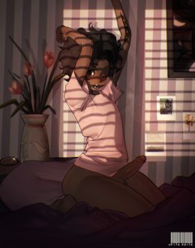 1boy :o ;o absurdres arms_up black_hair blanket bottomless brown_fur commentary flower furry furry_male highres indoors one_eye_closed open_mouth original penis pillow pita-potato seiza short_hair short_sleeves sitting solo trap vase yawning