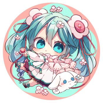 1girl :o bare_shoulders black_shoes blue_eyes blue_hair blush border chibi chibi_only cinnamoroll commentary_request double-parted_bangs dress full_body fuwa_fuwa_cinnamoroll green_socks hair_between_eyes hair_ornament hatsune_miku kaho_0102 long_hair long_sleeves looking_at_viewer parted_lips red_background round_border sanrio shoes socks solo twintails vocaloid white_border white_dress