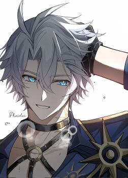 Rule 34 | 1boy, alternate costume, antenna hair, black choker, black gloves, blue eyes, blue jacket, chest harness, choker, collarbone, commentary, fingerless gloves, gloves, goldenpenguin96, hand on own head, harness, highres, honkai: star rail, honkai (series), jacket, male focus, neck tattoo, parted bangs, phainon (honkai: star rail), short hair, solo, sun symbol, sun tattoo, sweat, tan, tattoo, white background, white hair