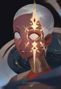 1girl blue_eyes charmiisan dark_skin dress earrings eyeshadow gold_choker gold_earrings heterochromia highres jewelry magic makeup original red_dress short_hair white_hair yellow_eyes yellow_eyeshadow