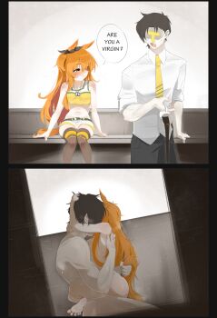 1boy 1girl 2koma absurdres animal_ears are_you_a_virgin?_(meme) arm_support barefoot black_pants coffee coffee_mug comic completely_nude crop_top cup doli_palta english_text grabbing_another's_tail green_thighhighs hetero highres holding holding_cup horse_ears horse_girl horse_tail hug leg_lock loli mayano_top_gun_(scramble_zone)_(umamusume) mayano_top_gun_(umamusume) meme midriff mug navel necktie nude orange_eyes orange_hair pants sex shirt short_shorts shorts sitting speech_bubble spilled_drink stomach t-head_trainer_(umamusume) tail tank_top thighhighs toes tokyo_ghoul trainer_(umamusume) umamusume white_shirt white_shorts yellow_necktie yellow_tank_top