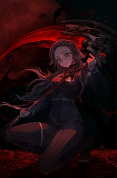 1girl absurdres aotsuki_eito armband artist_request black_boots black_jacket black_pants boots breasts chinese_commentary commentary_request commission eyeshadow gakuran genderswap genderswap_(mtf) glasses gloves grey_eyes grey_hair highres holding holding_scythe jacket last_defense_academy_school_uniform long_hair looking_at_viewer makeup medium_breasts pants red_eyeshadow red_pupils school_uniform scythe second-party_source smile solo squatting the_hundred_line_-last_defense_academy- white_armband white_gloves