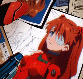 4zw89qkqagggcf7 bandage_over_one_eye blue_eyes bodysuit breasts closed_mouth expressionless highres id_card interface_headset_(evangelion) long_hair mecha_pilot_suit neon_genesis_evangelion orange_hair pen photo_(object) plugsuit_(evangelion) red_bodysuit shadow small_breasts souryuu_asuka_langley the_end_of_evangelion translation_request