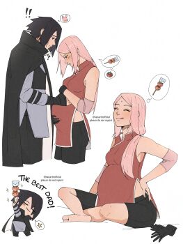 1boy 1girl absurdres bare_shoulders barefoot bike_shorts black_gloves black_hair black_jacket black_pantyhose black_shorts blush boruto:_naruto_next_generations breasts chibi chibi_inset closed_eyes couple dango dress elbow_sleeve facial_mark food forehead_mark gloves grey_shirt hair_over_shoulder hanarteoficial hand_on_another&#039;s_stomach hand_on_own_hip hands_on_own_stomach haruno_sakura hetero highres indian_style jacket long_hair looking_at_another low_ponytail medium_breasts naruto_(series) naruto_shippuuden pantyhose parted_lips pink_hair ponytail pregnant red_dress shirt short_hair shorts sitting tongue tongue_out twitter_username uchiha_sasuke wagashi white_background