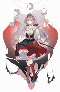 1girl absurdres bat_(animal) black_shoes bracelet crossed_legs expressionless flute full_body grey_hair hairband heart highres holding holding_flute holding_instrument instrument jewelry kneehighs long_hair low_twintails medium_skirt moon_phases quad_braids red_eyes red_hairband red_skirt red_socks reverse:1999 rubuska shirt shoes short_sleeves skirt skirt_hold socks solo standing twintails very_long_hair white_background white_shirt youluo