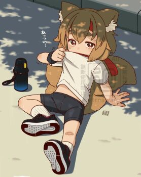 1girl animal_ear_fluff animal_ears arm_support bandaid bandaid_on_knee bandaid_on_leg bike_shorts black_shoes black_shorts bottle brown_eyes brown_hair commentary_request day fox_ears fox_girl fox_tail gym_shirt hair_between_eyes headband kitsune looking_at_viewer mawaru_(mawaru) midriff_peek navel original outdoors red_headband ribbed_socks shade shirt shoe_soles shoes short_eyebrows short_sleeves shorts socks solo sweat tail thick_eyebrows translation_request upper_body water_bottle watermark white_shirt white_socks