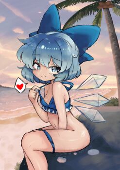 1girl alice_grimm alternate_costume beach bikini bikini_bottom_pull blue_bikini blue_bow blue_eyes blue_hair bow breasts cirno closed_mouth clothes_pull detached_wings hair_bow heart highres ice ice_wings loli looking_at_viewer medium_hair navel ocean outdoors palm_tree sitting small_breasts smile solo spoken_heart stomach sweat swimsuit touhou tree wings