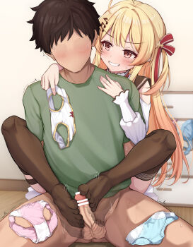 1boy 1girl ahoge bar_censor black_hair black_thighhighs blonde_hair blue_panties bottomless bow bow_panties censored commentary_request erection faceless faceless_male feet footjob footjob_from_behind fortissimo green_shirt grin hair_ornament hair_ribbon hetero highres holding holding_panties holding_underwear holding_unworn_clothes hololive hololive_dev_is indoors long_hair musical_note musical_note_hair_ornament no_shoes non_non_moral otonose_kanade paid_reward_available panties parted_lips penis pink_panties red_eyes red_ribbon ribbon shirt short_hair short_sleeves smile teeth testicles textless_version thighhighs toes two-footed_footjob underwear unworn_panties variant_set very_short_hair virtual_youtuber white_panties