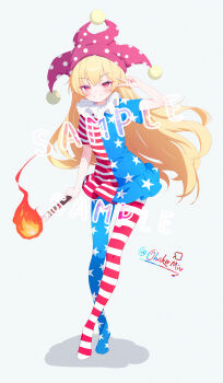 1girl absurdres american_flag american_flag_dress american_flag_legwear american_flag_print blush clownpiece commentary_request dress flag_print full_body grin hat highres holding holding_torch jester_cap long_hair looking_at_viewer neck_ruff ohako_miyu pantyhose polka_dot polka_dot_headwear purple_hat red_eyes sample_watermark short_sleeves smile solo star_(symbol) star_print striped_clothes striped_dress striped_pantyhose torch touhou twitter_username very_long_hair watermark