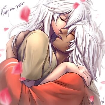 1boy 1girl bakura_ryou bantian96 commentary_request dark-skinned_male dark_skin falling_petals genderswap genderswap_(mtf) grey_hair happy_new_year long_hair new_year open_mouth petals smile touzokuou_bakura white_hair yu-gi-oh! yu-gi-oh!_duel_monsters