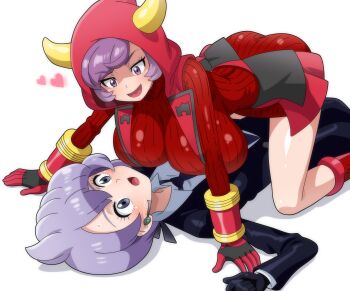 2girls absurdres anabel_(pokemon) ass black_shirt boots breasts business_suit courtney_(pokemon) earpiece fake_horns formal_clothes girl_on_top gloves green_eyes headpiece heart highres hitokiwa_kenchin hood hooded_jacket horns huge_breasts jacket multiple_girls nintendo open_mouth pinned_down pokemon pokemon_oras pokemon_sm purple_eyes red_boots shirt short_hair simple_background small_breasts smile suit team_magma_uniform white_background yuri