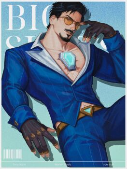 1boy arc_reactor barcode black_gloves black_hair blue_background blue_eyes blue_jacket blue_pants blue_suit border brown-framed_eyewear character_name collarbone commentary english_commentary english_text facial_hair fingerless_gloves fingernails formal_clothes gloves gradient_background hand_up highres iron_man_(series) jacket kdf_(nomorelemontea) lapels lips long_sleeves looking_at_viewer male_focus marvel marvel_rivals official_alternate_costume pants scar shadow short_hair sitting smile solo spread_legs striped_clothes striped_jacket striped_pants suit suit_jacket sunglasses teeth text_background tinted_eyewear tony_stark white_border yellow-tinted_eyewear