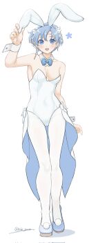 1girl alternate_costume animal_ears bare_shoulders blue_bow blue_bowtie blue_eyes blue_hair bow bowtie breasts fire_emblem fire_emblem:_the_binding_blade highres leotard looking_at_viewer medium_breasts nintendo open_mouth playboy_bunny rabbit rabbit_ears shanna_(fire_emblem) short_hair solo tsukimura_(d24f4z8j3t) white_leotard