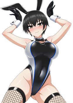 Rule 34 | 1girl, absurdres, animal ear hairband, animal ears, black gloves, black hair, black one-piece swimsuit, bow, bowtie, breasts, brown eyes, commentary request, competition swimsuit, cowboy shot, detached collar, fake animal ears, fishnet thighhighs, fishnets, gloves, groin, hairband, highleg, highleg one-piece swimsuit, highres, leotard, moon, one-piece swimsuit, original, playboy bunny swimsuit, rabbit ears, short hair, simple background, solo, strapless, strapless leotard, swimsuit, thighhighs, tsurime, two-tone swimsuit, white background, wrist cuffs, yurizuku owl