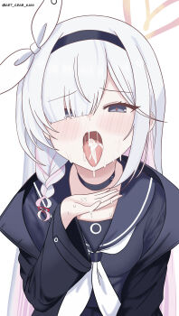 1girl absurdres after_fellatio art_crab black_serafuku blue_archive blush braid choker cum cum_in_mouth cum_on_tongue female_focus grey_eyes grey_hair hair_ribbon hairband halo highres jacket loli long_hair open_clothes open_jacket open_mouth plana_(blue_archive) ribbon school_uniform serafuku simple_background solo standing tongue tongue_out white_background