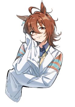 1girl absurdres agnes_tachyon_(tach-nology)_(umamusume) agnes_tachyon_(umamusume) ahoge animal_ears blue_necktie brown_hair closed_mouth coat commentary_request cropped_torso earrings hair_between_eyes highres horse_ears horse_girl jewelry lab_coat long_sleeves looking_at_viewer necktie ohayonabeno red_eyes shirt short_necktie simple_background single_earring sleeves_past_fingers sleeves_past_wrists smile solo sweater umamusume white_background white_coat wolf_cut yellow_sweater