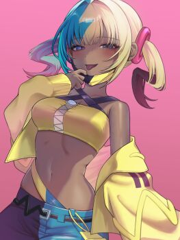 1girl absurdres blonde_hair blue_eyes breasts canari_(pokemon) dark-skinned_female dark_skin highres jacket mask medium_breasts multicolored_hair navel nintendo pink_background pokemon pokemon_legends:_z-a solo tongue tongue_out twintails yellow_jacket yunnasu