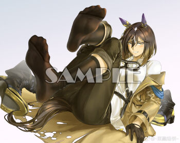 Rule 34 | 1girl, animal ears, black gloves, black pants, black socks, brown hair, brown jacket, chinese commentary, commission, ear covers, gloves, highres, horse ears, horse girl, horse tail, jacket, looking at viewer, pants, ruukii drift, sample watermark, shirt, shoes, smile, socks, solo, stay gold (umamusume), tail, umamusume, unworn shoes, watermark, white shirt