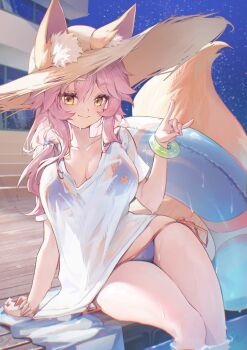 1girl animal_ears bikini blue_bikini breasts cleavage commentary_request fate/grand_order fate_(series) fox_ears fox_girl fox_shadow_puppet fox_tail hat large_breasts long_hair looking_at_viewer pink_hair poolside see-through_clothes see-through_shirt shirt sky smile solo star_(sky) starry_sky straw_hat swimsuit tail tamamo_no_mae_(fate) tamamo_no_mae_(swimsuit_lancer)_(fate) thighs very_long_hair wet wet_clothes wet_shirt white_shirt yellow_eyes zonunoll