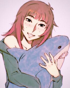Rule 34 | 1girl, black eyes, borrowed character, brown hair, freckles, highres, holding, holding stuffed toy, ikea shark, ilya kuvshinov, kara eklund, long hair, original, simple background, smile, stuffed animal, stuffed shark, stuffed toy, sweater slip, white background