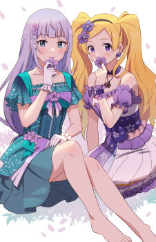 2girls bare_shoulders barefoot black_hairband blonde_hair blue_eyes blush bow bracelet breasts cleavage closed_mouth collarbone detached_sleeves dot_nose dress earrings emily_stewart emu_(emum) falling_petals floral_print flower flower_earrings frilled_dress frilled_sleeves frills full_body gloves green_bow green_dress hair_bow hair_flower hair_ornament hairband hand_on_own_knee hand_up highres holding holding_flower idolmaster idolmaster_million_live! idolmaster_million_live!_theater_days jewelry knees_up long_hair looking_at_viewer low-tied_long_hair medium_breasts multiple_girls necklace pearl_bracelet pearl_necklace petals print_sash purple_dress purple_eyes purple_hair purple_scrunchie purple_sleeves sash scrunchie seiza shiraishi_tsumugi short_sleeves silhouette simple_background sitting sleeveless sleeveless_dress small_breasts smile solo twintails very_long_hair violet_(flower) white_background white_gloves wrist_scrunchie