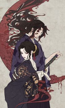 1boy 1girl black_hair black_kimono commentary_request demon_boy demon_girl extra_eyes feather03697 floral_print highres japanese_clothes kibutsuji_muzan kibutsuji_muzan_(female) kimetsu_no_yaiba kimono kokushibou looking_at_viewer red_eyes red_lips slit_pupils