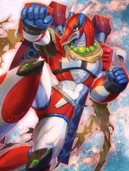 1boy bead_necklace beads feet_out_of_frame green_eyes highres jewelry kiwakiwa magma_dragoon_(mega_man) male_focus mega_man_(series) mega_man_x4 mega_man_x_(series) midair necklace non-humanoid_robot robot robot_dragon sharp_teeth solo teeth