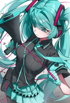 1girl aqua_armband aqua_eyes aqua_gloves aqua_hair aqua_necktie aqua_skirt aqua_trim armband belt_pouch black_shirt breast_pocket breasts closed_mouth collared_shirt commentary_request cowboy_shot floating_hair floating_neckwear gloves grey_background hair_ornament hatsune_miku headphones heart heart_print highres holding holding_megaphone koi_wa_sensou_(vocaloid) large_breasts long_hair looking_ahead megaphone miniskirt necktie pleated_skirt pocket pouch shirt short_sleeves sidelocks simple_background skirt solo standing twintails untucked_shirt uuunagidon very_long_hair vocaloid
