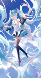 Rule 34 | 1girl, absurdly long hair, absurdres, aqua eyes, aqua hair, aqua necktie, black footwear, black skirt, black sleeves, blue sky, boots, chinese commentary, cloud, cloudy sky, commentary request, day, detached sleeves, floating, floating hair, full body, hair between eyes, hair ornament, hands up, hatsune miku, highres, long hair, long sleeves, miniskirt, necktie, open mouth, outdoors, pleated skirt, shirt, skirt, sky, sleeveless, sleeveless shirt, smile, solo, thigh boots, twintails, very long hair, vocaloid, wen chen, white shirt