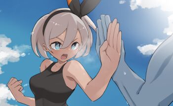 1girl absurdres bare_shoulders bea_(pokemon) black_bodysuit black_hairband blue_eyes blue_sky bodysuit breasts cloud collarbone dark-skinned_female dark_skin fighting_stance gen_1_pokemon grey_hair hair_between_eyes hairband highres looking_at_viewer machamp medium_breasts nintendo open_mouth outdoors pokemon pokemon_(creature) pokemon_swsh short_hair sky sweat sweatdrop tsuneshima upper_body