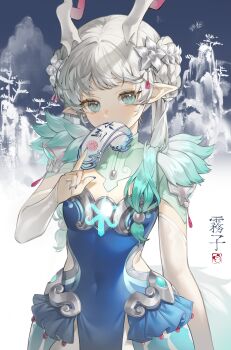 Rule 34 | 1girl, absurdres, aqua hair, bizette, blue dress, blue eyes, blue nails, braid, braided bun, breasts, cleavage cutout, clothing cutout, commentary, covered mouth, cowboy shot, detached sleeves, dress, flower hairpin, gradient hair, grey hair, hair bun, highres, horns, kiriko (overwatch), looking at viewer, multicolored hair, overwatch, pointy ears, small breasts, solo, striped nails, twintails, two-tone background, white sleeves