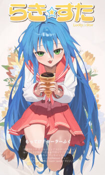 Rule 34 | 1girl, :3, ahoge, black shoes, black socks, blue hair, chocolate cornet, copyright name, fang, flower, food, green eyes, highres, holding, holding food, izumi konata, long hair, lucky star, ne.corn, neckerchief, pink neckerchief, red flower, red sailor collar, red skirt, ryouou school uniform, sailor collar, school uniform, shoes, skirt, socks, white background, white flower, yellow flower