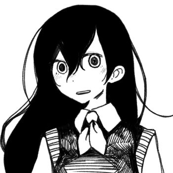 Rule 34 | 1girl, alpha transparency, collared shirt, commentary, double-parted bangs, english commentary, english text, greyscale, hair between eyes, long hair, looking at viewer, lowres, mari (headspace) (omori), mari (omori), monochrome, neckerchief, nill (nill), omori, open mouth, shirt, smile, solo, something (omori), spoilers, sweater vest, teeth, thumbnail surprise, transparent background, upper body, upper teeth only