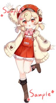 1girl absurdres adapted_costume ahoge blonde_hair bloomers blush boots bow bowtie brown_boots clothing_request commentary commission dress genshin_impact hair_between_eyes hair_ornament hairclip hat heart heart_hair_ornament highres jacket klee_(genshin_impact) leg_up long_sleeves looking_at_viewer newsboy_cap open_mouth pink_bow pink_bowtie pointy_ears puffy_long_sleeves puffy_sleeves red_dress red_eyes red_hat sample_watermark simple_background standing standing_on_one_leg tian_yang underwear watermark white_background white_bloomers yellow_jacket