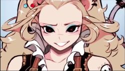 1girl 2020 animated arm_tattoo artist_name bangs_pinned_back black_eyes blue_eyeshadow breasts chromatic_aberration collar collarbone commentary cropped detached_sleeves ear_piercing earrings english_commentary multiple_expressions eyeshadow facial_mark female_focus fernanda_dias forehead_mark frilled_shirt_collar frills gloves gun highres huge_filesize jewelry licking_lips long_hair looking_at_viewer makeup monique_(fernanda_dias) monochrome mouse_girl mouse_tail open_mouth original parted_lips piercing serious shirt shotgun simple_background skirt skull_tattoo sleeveless sleeveless_shirt small_breasts solo suspenders symbol-shaped_pupils tail tail_ornament tail_ring tattoo third-party_edit tongue tongue_out tongue_piercing upper_body v-shaped_eyebrows video wavy_hair weapon white_background x-shaped_pupils