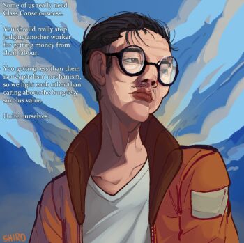 1boy black_hair blue_sky bomber_jacket commentary day disco_elysium english_commentary english_text facial_hair glasses jacket kim_kitsuragi looking_to_the_side male_focus mustache_stubble orange_jacket outdoors parody shiroshark shirt short_hair sky solo stubble style_parody upper_body white_shirt wrinkled_skin