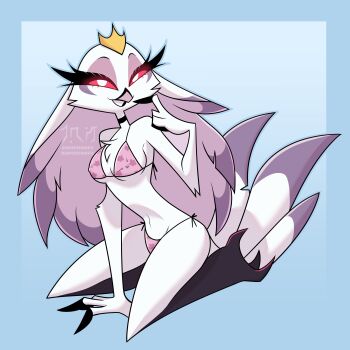 1girl absurdres awhphooey bare_shoulders beak bikini bird_girl breasts colored_sclera covered_erect_nipples crown furry furry_female gradient_background hand_up hellaverse helluva_boss highres kneeling looking_at_viewer medium_breasts owl_girl pink_bikini red_sclera smile solo stella_(helluva_boss) swimsuit white_eyes