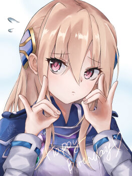 1girl blonde_hair blue_capelet blush capelet closed_mouth commentary_request double_fox_shadow_puppet embarrassed eyelashes eyes_visible_through_hair fingernails flying_sweatdrops fox_shadow_puppet frown furrowed_brow hair_between_eyes happy_birthday heaven_burns_red highres long_hair long_sleeves looking_at_viewer pink_eyes shirakawa_yuina shirt simple_background solo upper_body upturned_eyes white_background white_shirt yu422yu