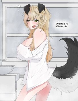 1girl adoresoul animal_ears bare_shoulders bathroom blonde_hair blush bottomless breasts commentary commission cowboy_shot dog_ears dog_girl dog_tail double-parted_bangs english_commentary english_text fang from_side green_eyes highres indoors large_breasts long_hair long_sleeves looking_at_viewer mayoa naked_shirt open_mouth original shirt shirt_partially_removed skin_fang solo squeans tail white_shirt