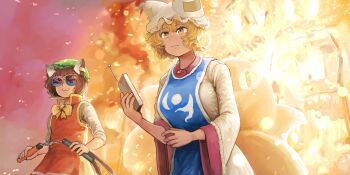 2girls :3 animal_ear_fluff animal_ears animal_hat bespectacled blonde_hair blue_tabard bow bowtie breasts cat_ears cat_tail chanta_(ayatakaoisii) chen closed_mouth commentary controller dress earrings english_commentary explosion fox_tail game_cg glasses green_hat hat highres holding holding_nunchaku holding_remote_control holding_weapon jewelry kitsune long_sleeves mob_cap multiple_girls multiple_tails nekomata nunchaku official_art red_vest remote_control short_hair single_earring sunglasses sunset tabard tail third-party_source touhou touhou_lostword two_tails vest weapon white_dress white_hat wide_sleeves yakumo_ran yellow_bow yellow_bowtie yellow_eyes