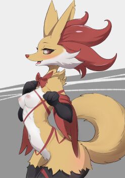 1girl absurdres animal_ear_fluff animal_ears animal_nose black_fur blush body_fur bow bowtie breasts cowboy_shot delphox detached_sleeves fang female_focus fox_ears fox_girl fox_tail from_side furry furry_female gen_6_pokemon grey_background half-closed_eyes hand_on_own_chest hands_up happy highres light_blush lolobox looking_at_viewer multicolored_fur naked_ribbon navel nintendo nipples open_mouth pokemon pokemon_(creature) red_bow red_bowtie red_eyes red_ribbon red_sleeves ribbon simple_background slit_pupils small_breasts smile snout solo standing stomach tail thick_thighs thighs tongue two-tone_background white_fur yellow_fur