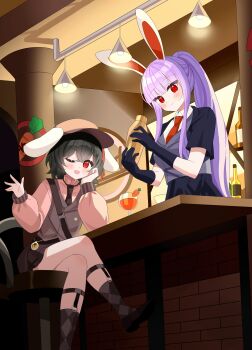2girls alternate_costume alternate_hairstyle animal_ears bartender black_gloves blush bottle breasts brown_hat brown_necktie brown_socks brown_vest carrot_juice chimi_(s2yuyukos2) closed_mouth cocktail_shaker collared_shirt commentary commission crossed_legs cup drinking_glass floppy_ears gloves hand_on_own_cheek hand_on_own_face hat highres holding_cocktail_shaker inaba_tewi juice long_hair long_sleeves looking_at_viewer multiple_girls necktie one_eye_closed open_mouth pink_shirt ponytail purple_hair rabbit_ears rabbit_girl red_eyes red_necktie reisen_udongein_inaba shirt short_sleeves sitting smile socks touhou touhou_hero_of_ice_fairy very_long_hair vest white_shirt