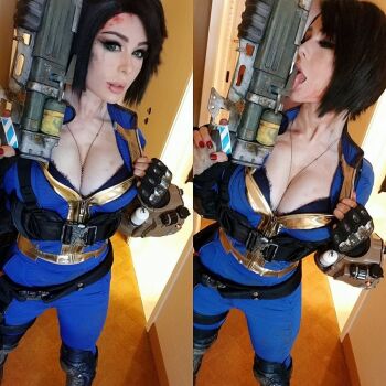 1girl bodysuit breasts cleavage cosplay face_piercing fallout fallout_4 gun jennalynnmeowri lip_piercing multiple_views photo_(medium) piercing real_life skin_tight vault_meat weapon