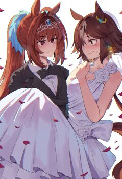 2girls absurdres animal_ears black_bow black_bowtie black_jacket black_suit blush bow bowtie breasts bridal_veil bride brown_eyes brown_hair carrying closed_mouth collarbone collared_shirt commentary daiwa_scarlet_(umamusume) dress fang formal_clothes hair_between_eyes hair_intakes hair_over_one_eye highres hinghoi horse_ears horse_girl horse_tail jacket jewelry large_breasts long_hair long_sleeves looking_at_another multicolored_hair multiple_girls necklace pearl_necklace petals ponytail princess_carry red_eyes shirt simple_background skin_fang smile suit symbol-only_commentary tail tiara twintails umamusume veil very_long_hair vodka_(umamusume) wedding_dress white_background white_dress white_hair white_shirt white_veil wife_and_wife yuri